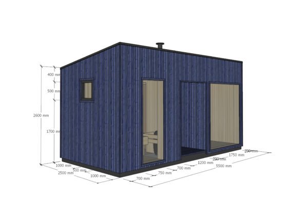 Modulinė Pirtis – “Narvikas” 2,50 x 5,50 m. – Pagal užsakymą