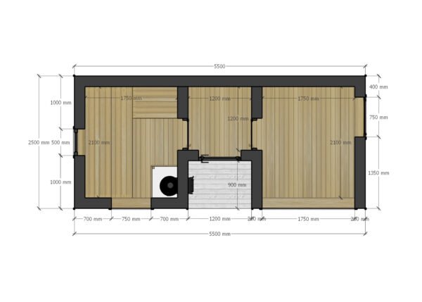 Modulinė Pirtis – “Narvikas” 2,50 x 5,50 m. – Pagal užsakymą